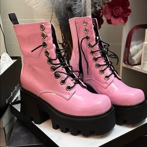 Glossy Pink Lace-Up Combat Boots